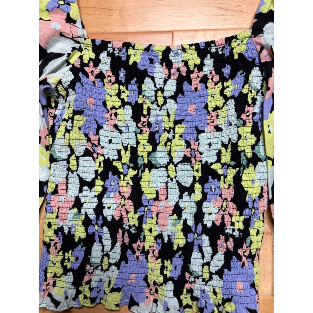 Free People Ariana Printed Cropped Top Women M Multicolor Floral Puff Sleeve